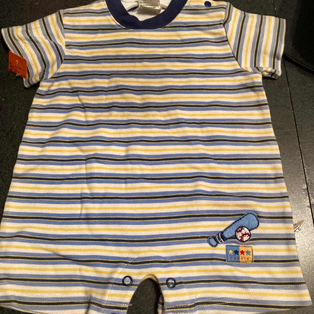 Tykes onesy boys blue stripped baseball on leg